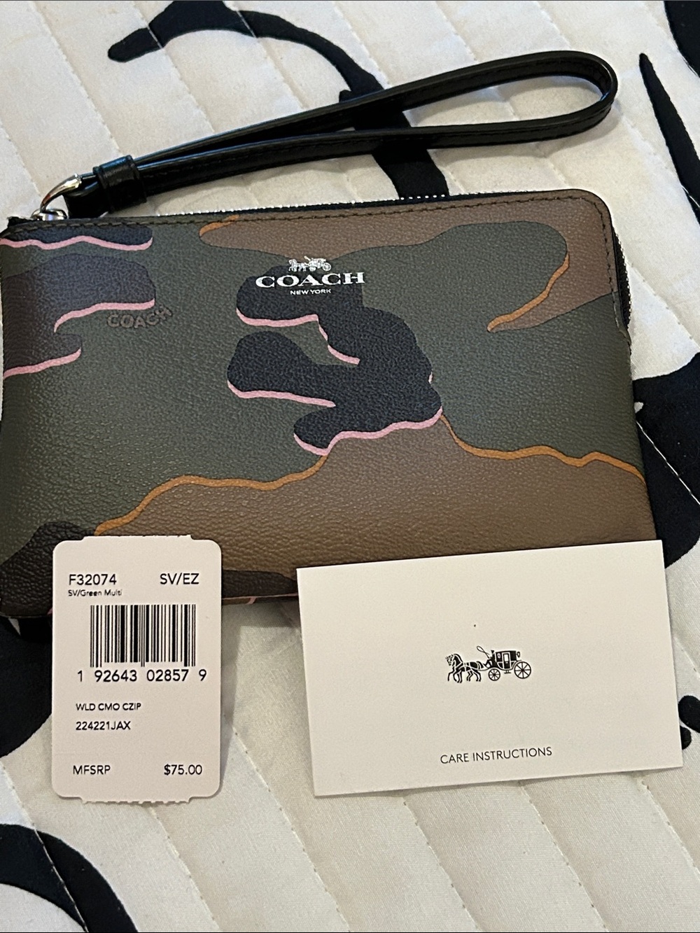 Coach Green Multi Camo Wristlet with Black Strap